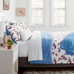 Butterfly Print Microfiber Decorative Bed Set With Throw Blue/Red/White - Room Essentials™